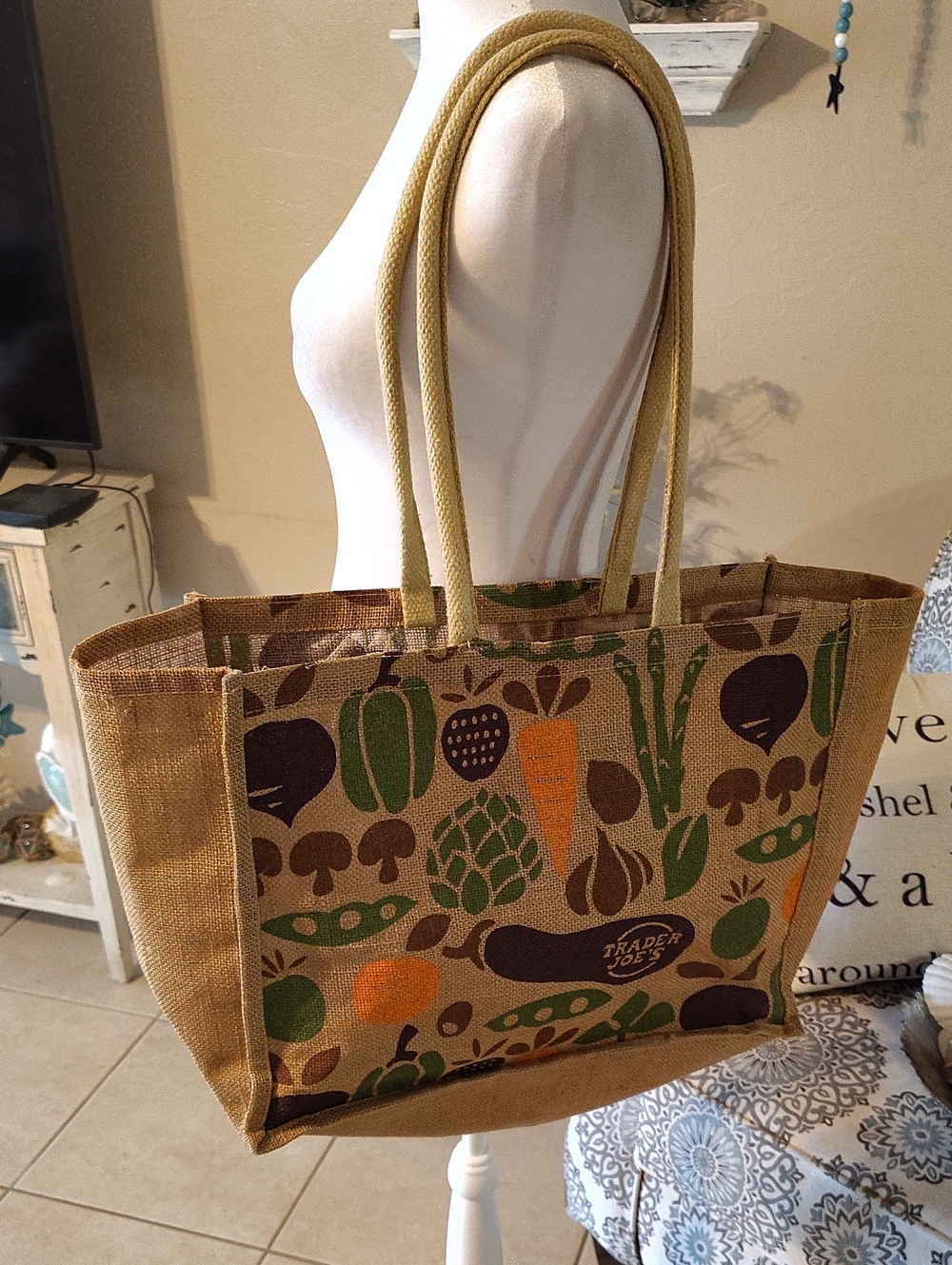 Trader Joe's Natural Jute Tote Bag with Green & Orange Produce Print